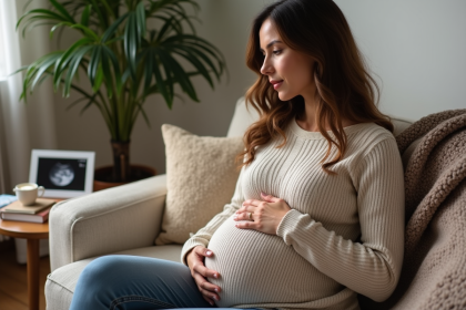 Femme enceinte sereine dans un salon cosy avec livres et plantes