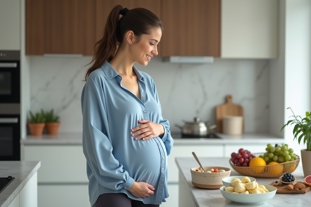 Jeune femme enceinte préparant des fruits dans la cuisine moderne