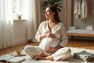 Femme enceinte en fin de grossesse assise sur le sol de sa chambre, les mains sur le ventre, entourée de vêtements de bébé et d'un carnet de notes