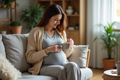 Femme enceinte relaxée dans son salon en train de boire du thé