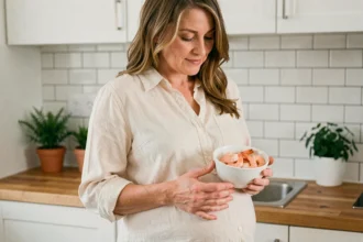 Femme enceinte tenant un bol de crevettes roses cuites dans une cuisine moderne, illustrant les envies alimentaires pendant la grossesse