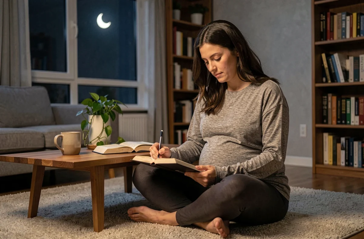 Femme enceinte écrivant dans un journal intime au clair de lune dans son salon, explorant le lien entre rêves, cycles lunaires et grossesse