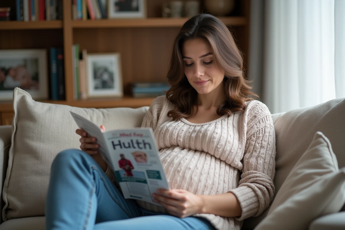 Femme enceinte lisant un magazine dans un salon cosy