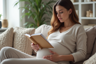 Femme enceinte lisant un livre de bébé dans un salon cosy