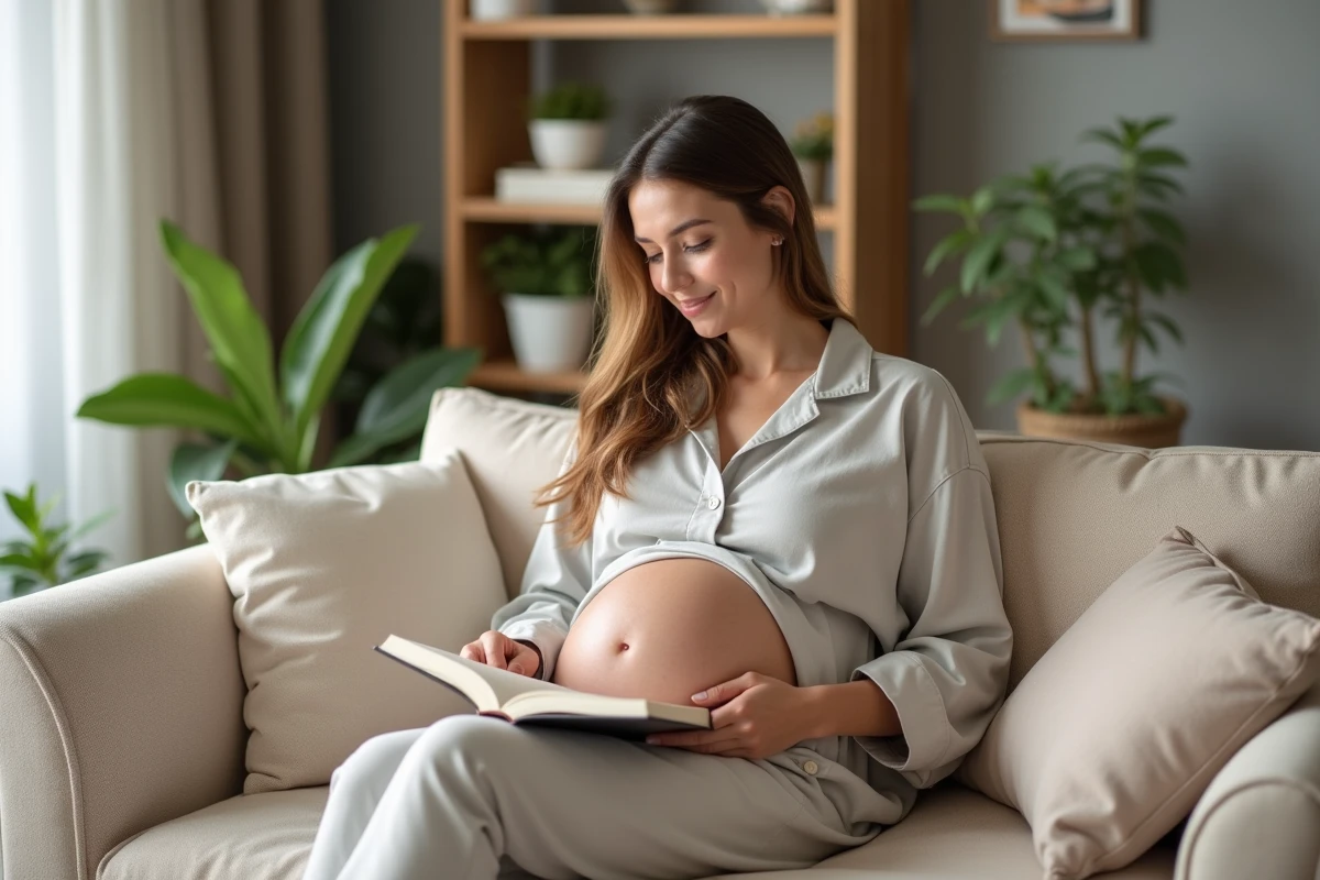 Femme enceinte lisant un livre dans un salon cosy