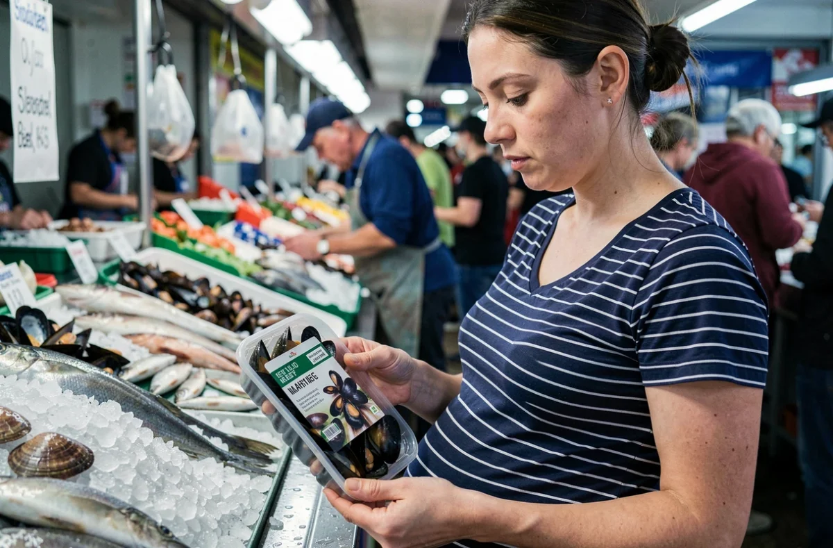 Femme enceinte inspectant des moules fraîches dans un marché aux poissons pour évaluer les risques alimentaires
