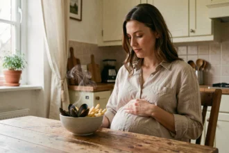 Femme enceinte hésitant devant un bol de moules frites dans une cuisine chaleureuse
