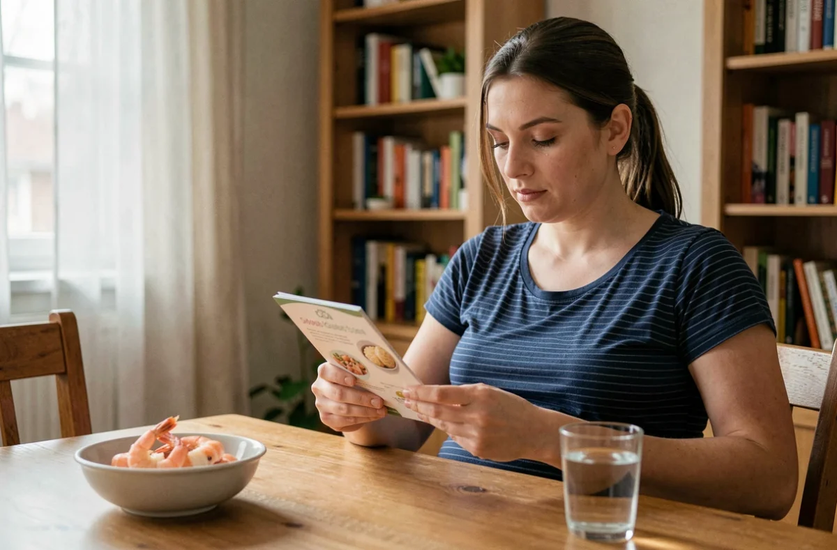 Femme enceinte assise à table consultant une brochure sur la nutrition prénatale avec un bol de crevettes roses à côté d'elle