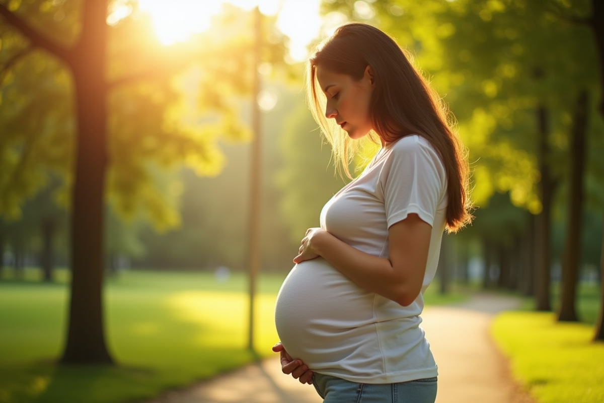 Femme enceinte debout dans un parc lumineux et paisible