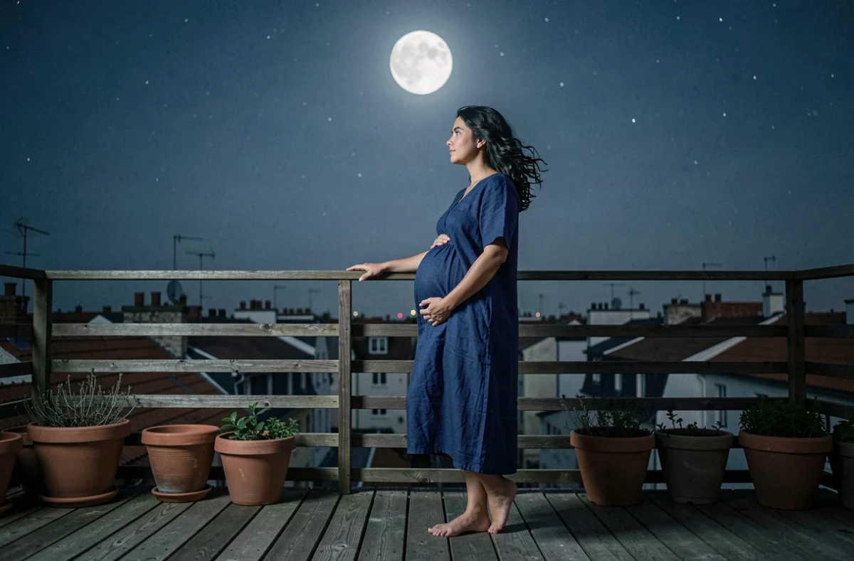 Femme enceinte debout sur un balcon de nuit contemplant la pleine lune, symbolisant le lien entre cycles lunaires et grossesse