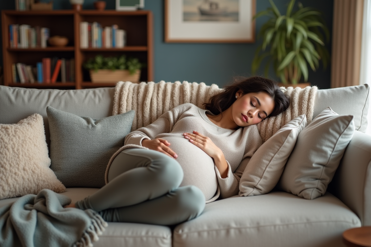 Femme enceinte se reposant sur un canapé dans le salon