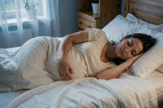 Femme enceinte endormie dans un lit blanc baigné de lumière lunaire, main posée sur le ventre, expression sereine évoquant les rêves de grossesse