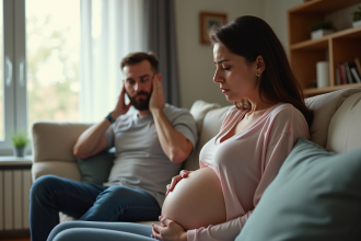 Femme enceinte assise sur un canapé dans un salon moderne et cozy