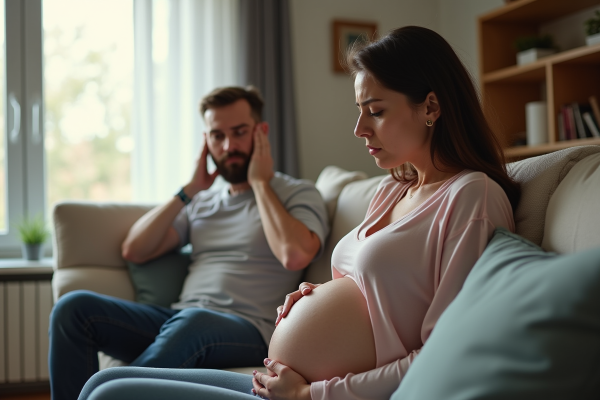 Femme enceinte assise sur un canapé dans un salon moderne et cozy