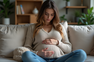 Jeune femme enceinte dans un salon cosy en intérieur