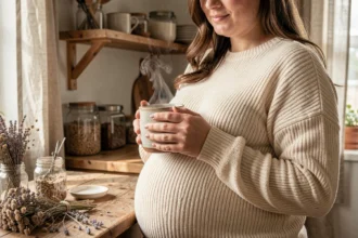 Femme enceinte tenant une tasse de tisane aux plantes dans une cuisine rustique et chaleureuse