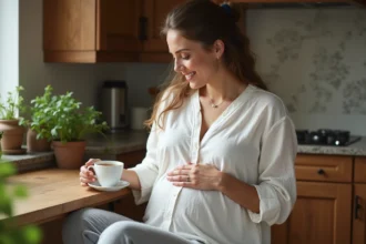 Femme enceinte qui boit une tisane apaisante pour soulager les démangeaisons intimes naturellement