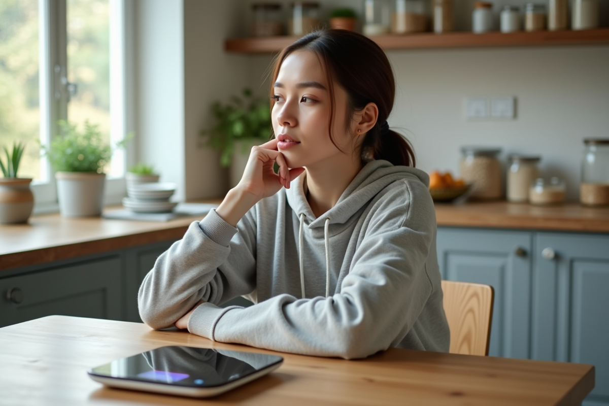 Femme en sport contemplant une balance alimentaire dans la cuisine