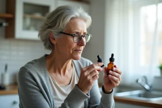 Femme d'âge mûr examinant attentivement un flacon compte-gouttes de médicament dans une cuisine moderne