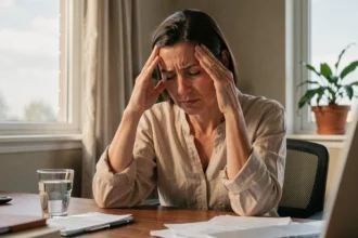 Femme fatiguée en fin de journée se tenant les tempes à son bureau, illustrant les symptômes de tête lourde et vertiges liés à l'hygiène de vie