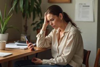 Femme assise à un bureau tenant son téléphone dans la main gauche avec une posture avachie provoquant des fourmillements dans le bras