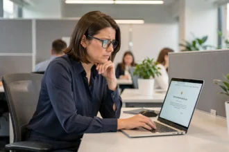 Femme frustrée devant un écran d'ordinateur affichant une erreur de portail médical en milieu de travail