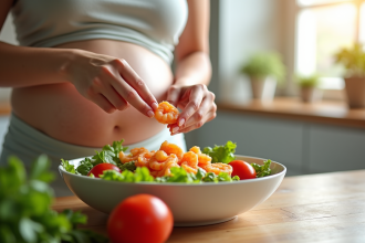 Femme enceinte préparant une salade avec crevettes dans une cuisine lumineuse