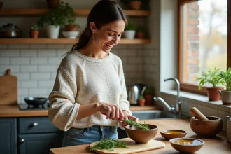 Femme en cuisine hachant du romarin frais pour recette