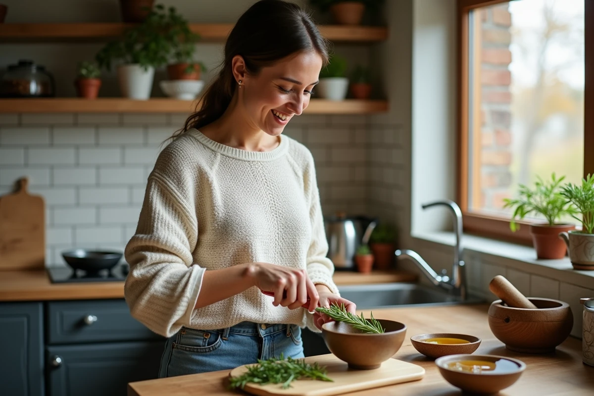 Femme en cuisine hachant du romarin frais pour recette