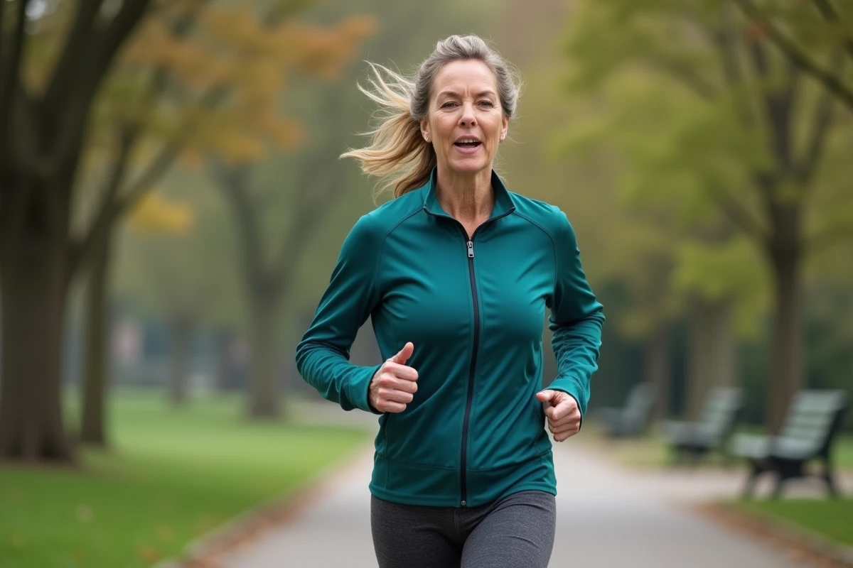 Femme faisant du jogging dans un parc pour maintenir sa santé malgré une maladie chronique