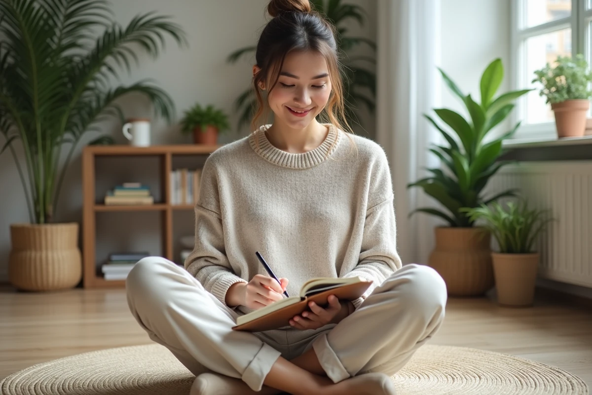 Femme méditative écrivant dans un intérieur scandinave