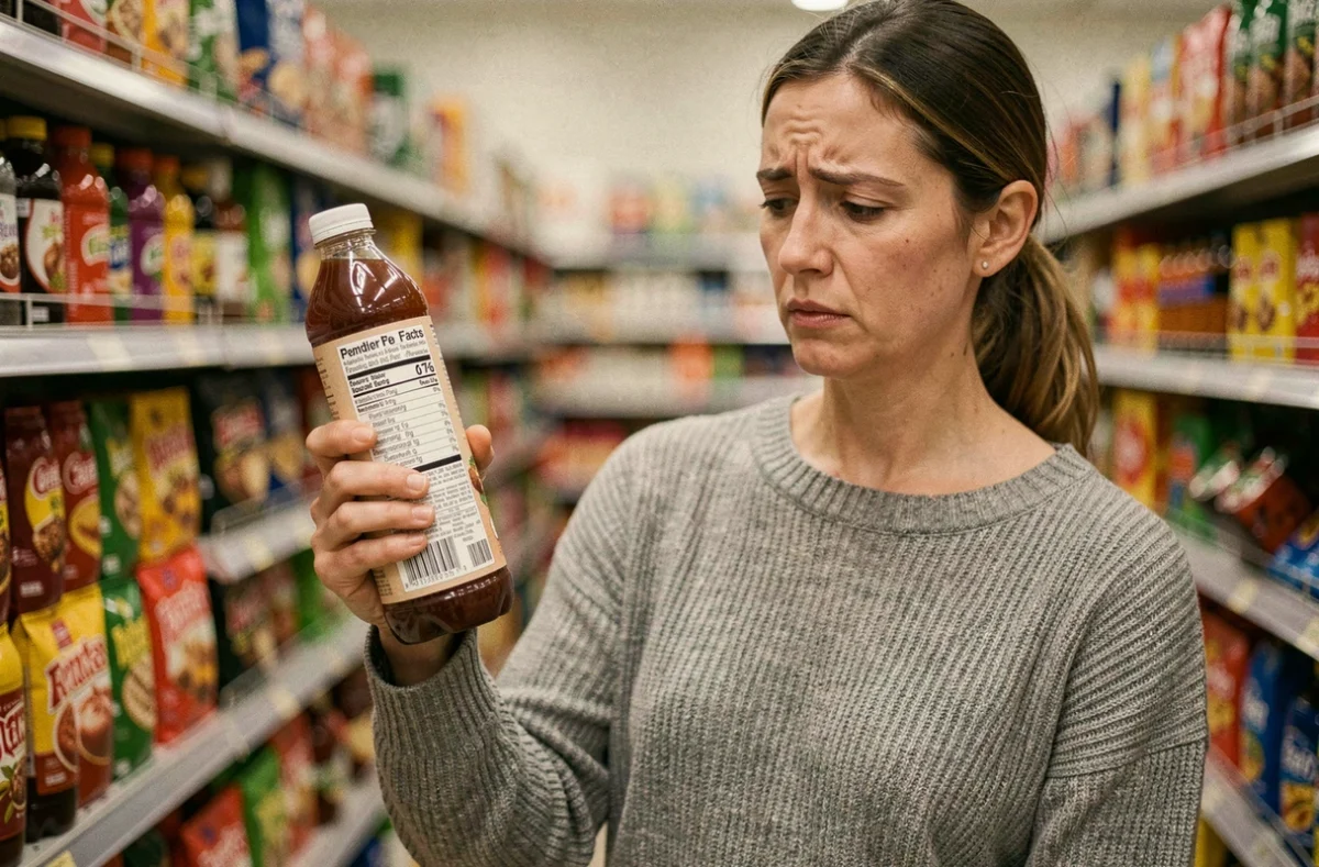 Femme lisant attentivement l'étiquette d'une bouteille de jus de tamarin industriel dans un rayon de supermarché