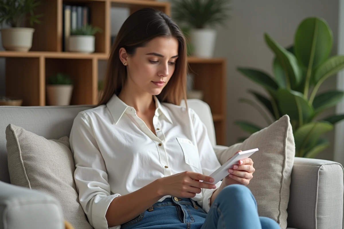 Femme lisant une crème antifongique dans un salon cosy