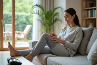 Femme en loungewear avec sleeves de pressotherapie dans un salon lumineux