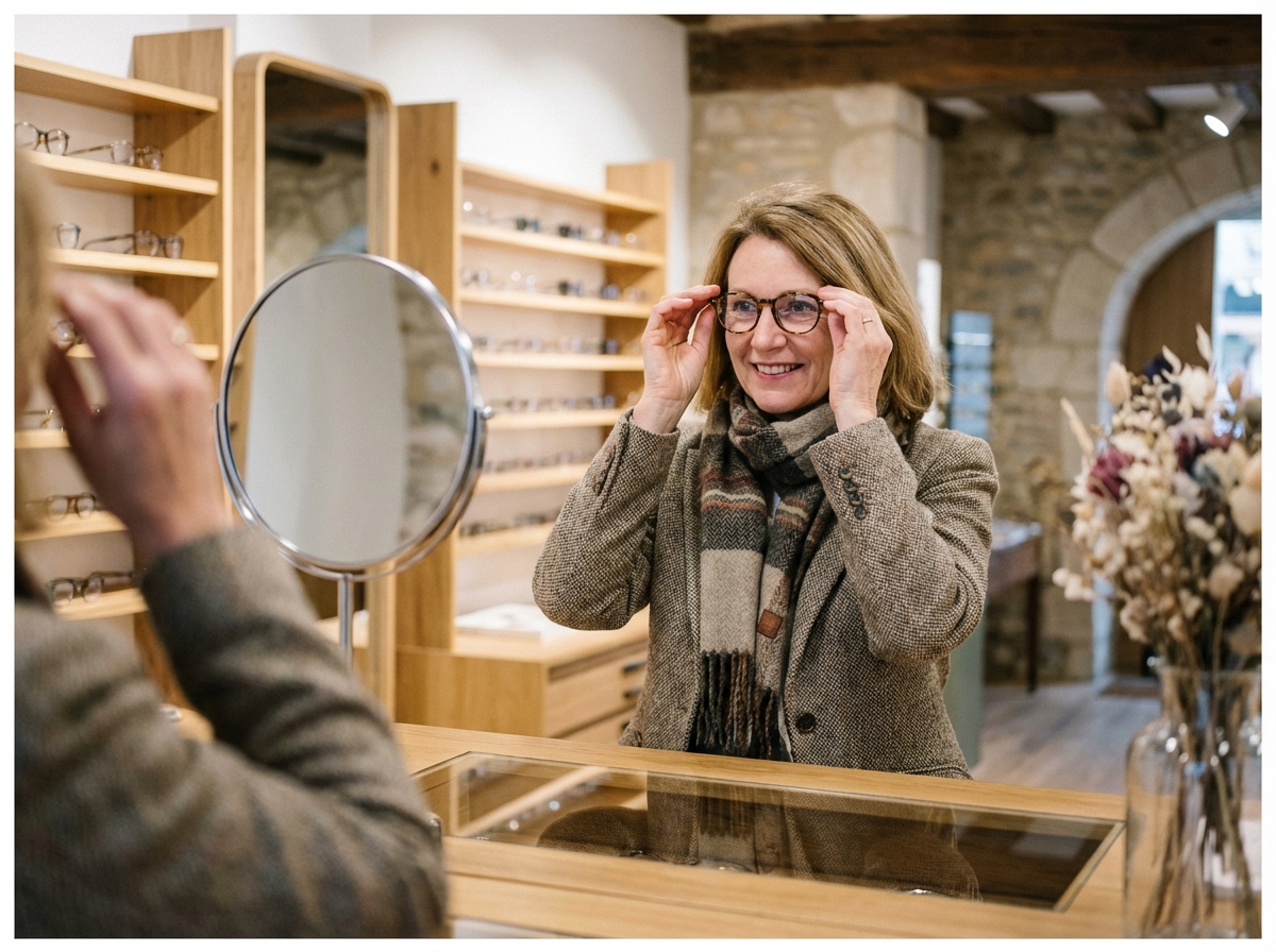 Femme souriante essayant des lunettes dans une boutique élégante