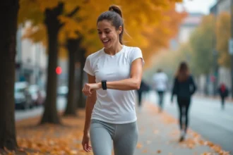 Femme marchant en ville et consultant son compteur de pas sur une montre connectée en automne