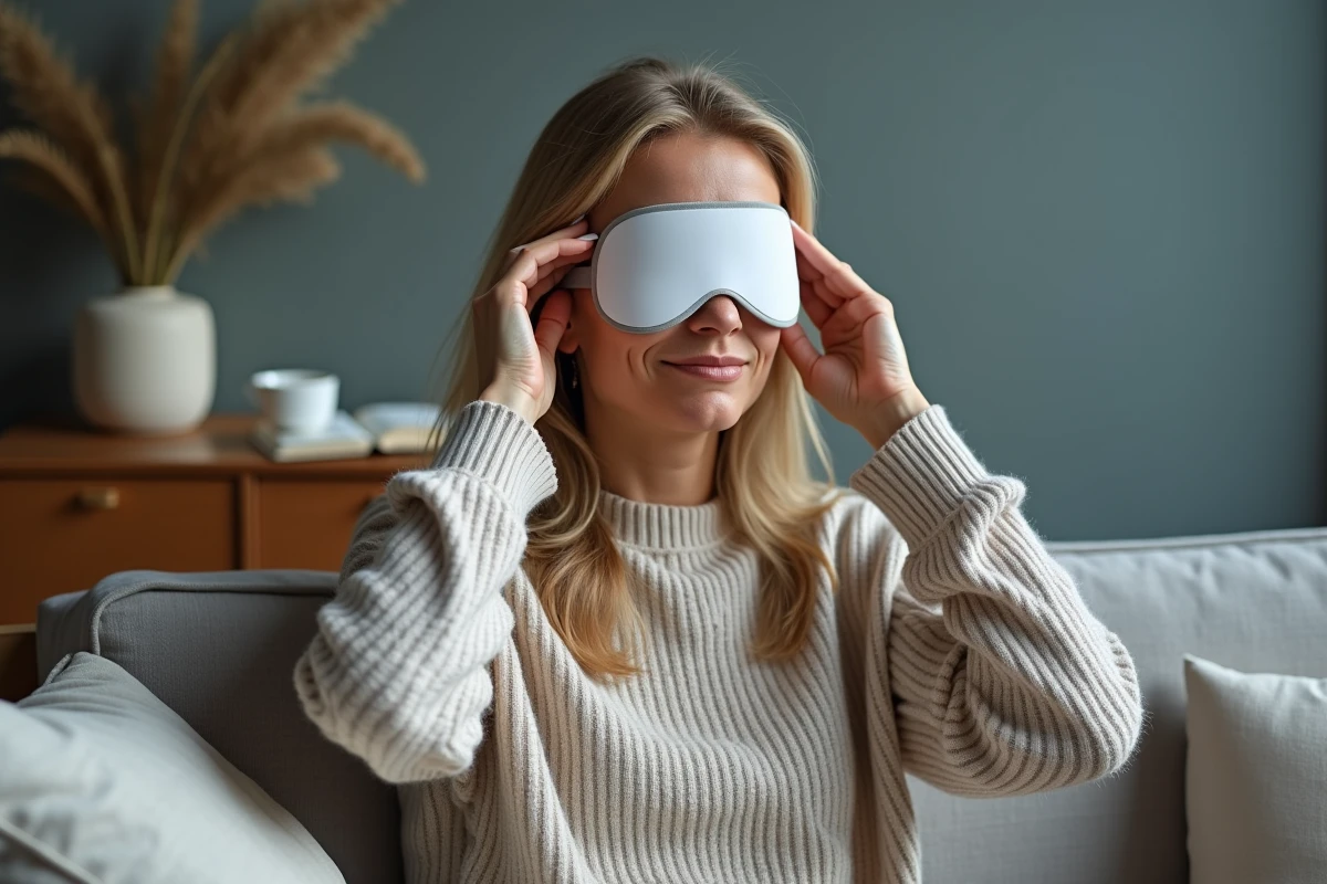 Femme portant un masque migraine dans un salon cosy