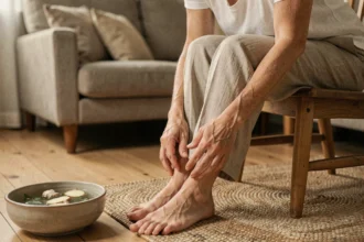 Femme massant son talon douloureux avec un remède naturel contre l'épine calcanéenne à la maison