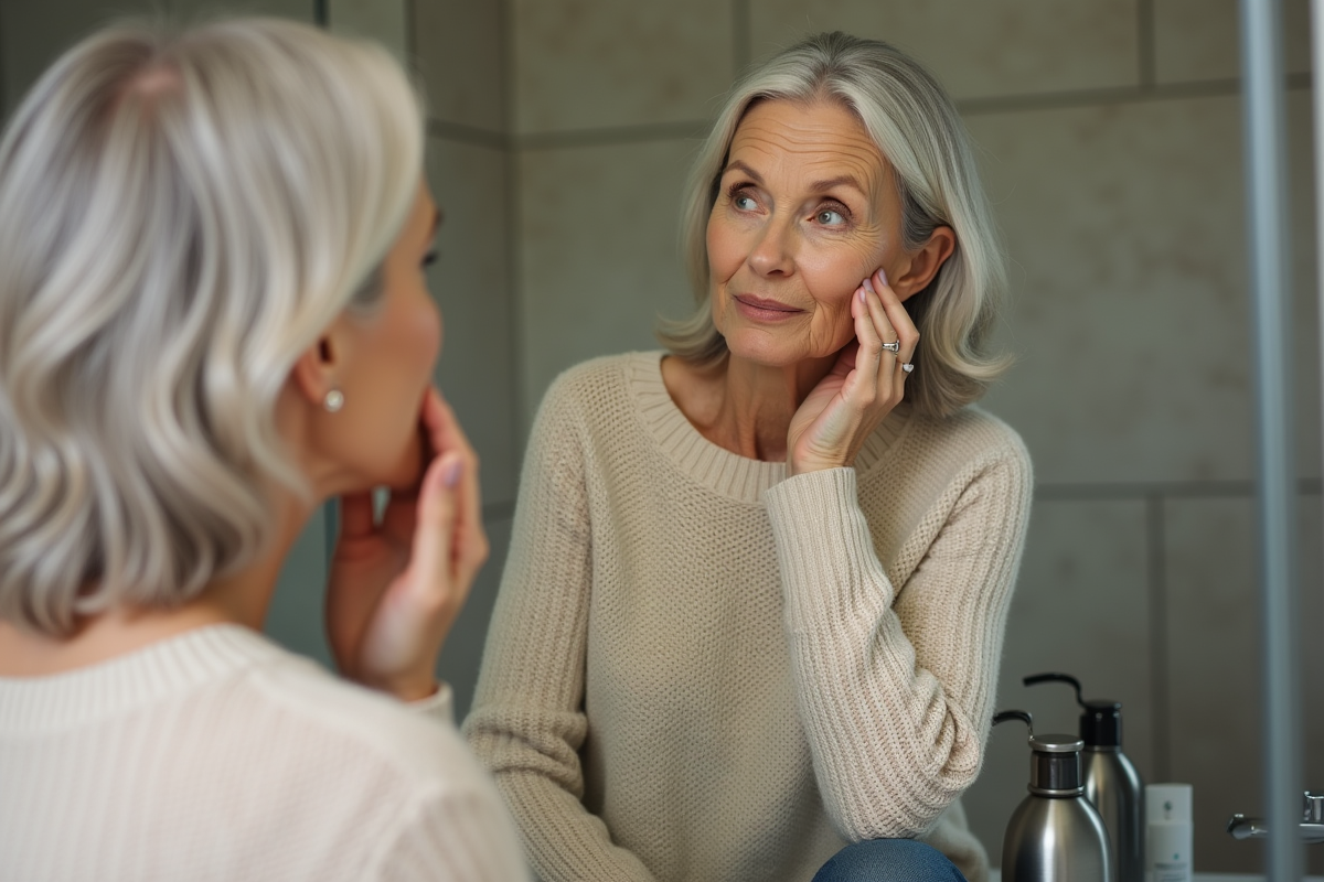 Femme d'âge moyen regardant son visage dans le miroir