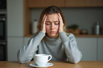 Femme souffrant de maux de tête assise à une table de cuisine, les doigts pressés contre les tempes, expression de douleur visible