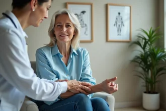 Femme d'âge moyen en blouse bleue dans une clinique moderne
