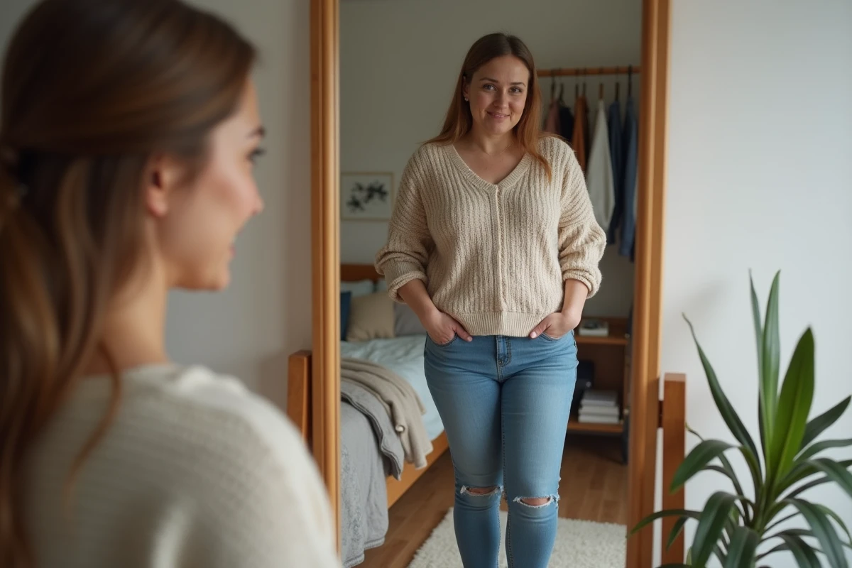 Femme regardant son reflet dans un miroir dans une chambre chaleureuse