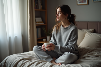 Femme assise pensant près de la fenêtre dans une chambre tranquille