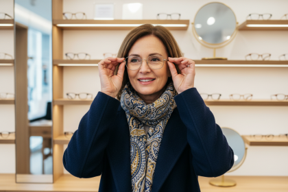 Femme souriante essayant des lunettes dans une boutique moderne
