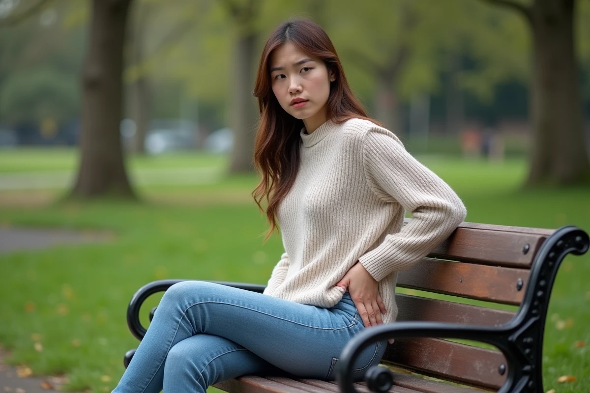 Jeune femme assise sur un banc de parc avec une expression pensive