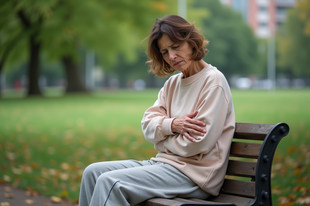 Femme assise sur un banc dans un parc verdoyant