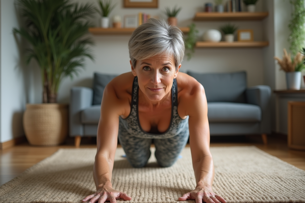 Femme en planche dans un salon cosy et végétal
