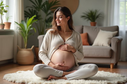 Jeune femme en détente dans son salon pour la maternité