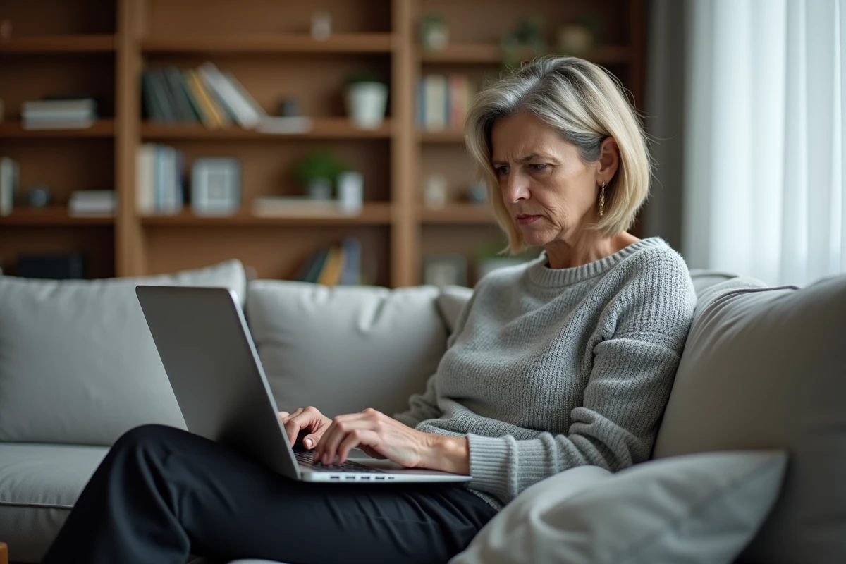 Femme travaillant sur un ordinateur portable en position incorrecte sur le canapé causant des fourmillements dans le bras gauche