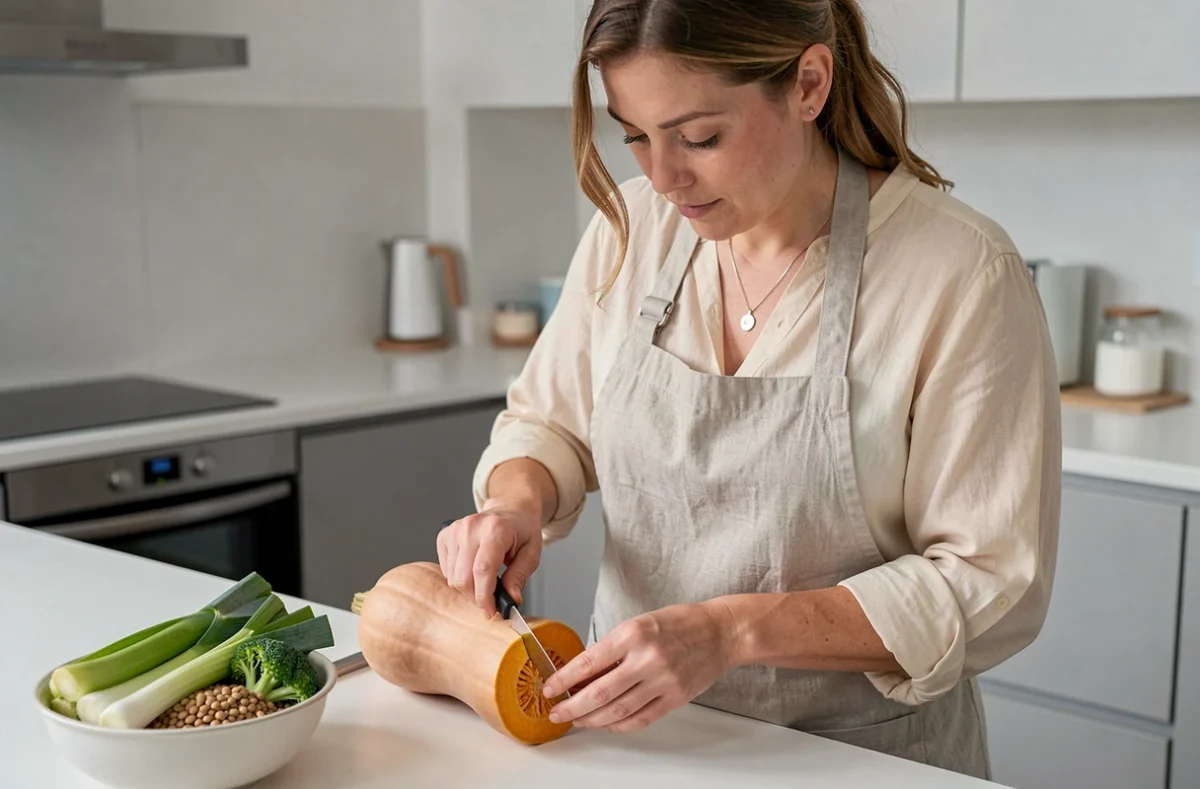Femme préparant une courge butternut dans une cuisine moderne avec des légumes riches en fibres pour un repas minceur ventre plat